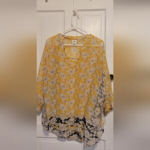 CAbi Yellow Floral V-Neck Tunic Top
